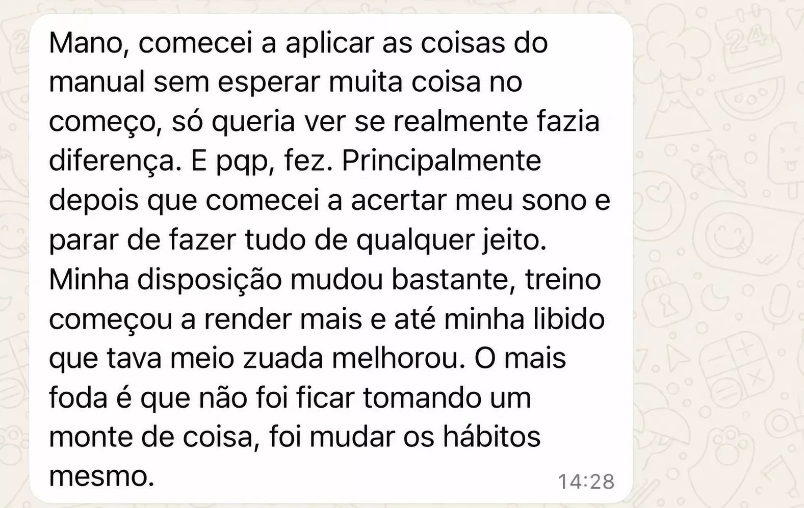 Depoimento de leitor sobre mudança de hábitos e melhora da libido